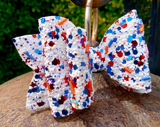 Glitter Patriotic USA Hair Bow, July 4th Baby Girl Star Nylon Headband