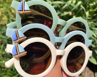 Personalized Little Boy Sunglasses With Sailboat/Retro Matte Round Sun Glasses/Sunglasses/Summer Glasses Boys/Gender Neutral + Freebie