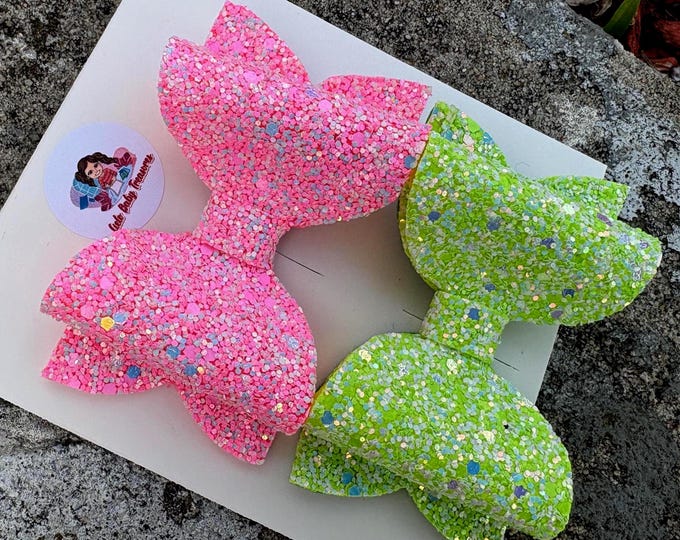 Set of 2 Handmade Pink or Green Glitter Hair Bows: Pigtail Clips