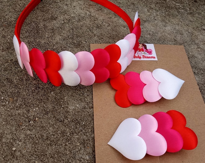Love Hearts Headband or Clips-Valentine's Day-Satin Hearts Conversation Red,Pink,White-Girls-XOXO Accessories Best Friend Gift-kids Present-
