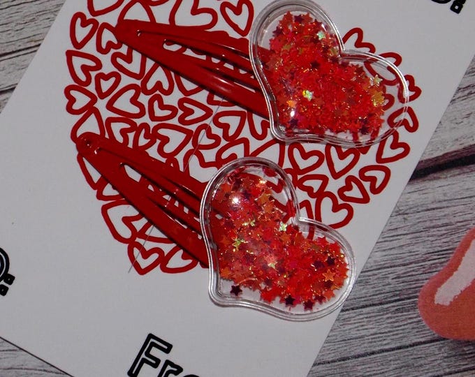 Set of 2 Red Snap Clips with Shaker Hearts-TO FROM-Valentine’s Day-Confetti Clip-Baby Clip- Barrettes-Toddler Clip-Accessories-Not Slippery