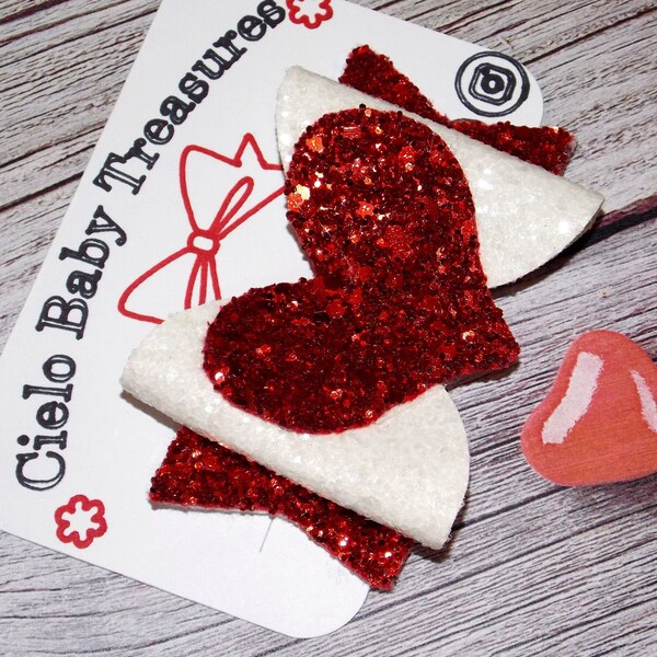 LOVE Hair Bow Red With Heart Glitter,Chunky Bow,Baby Bows Canvas,girl bow,Boutique Hair,Double Stacked Glitter,Christmas hair bow,Holiday