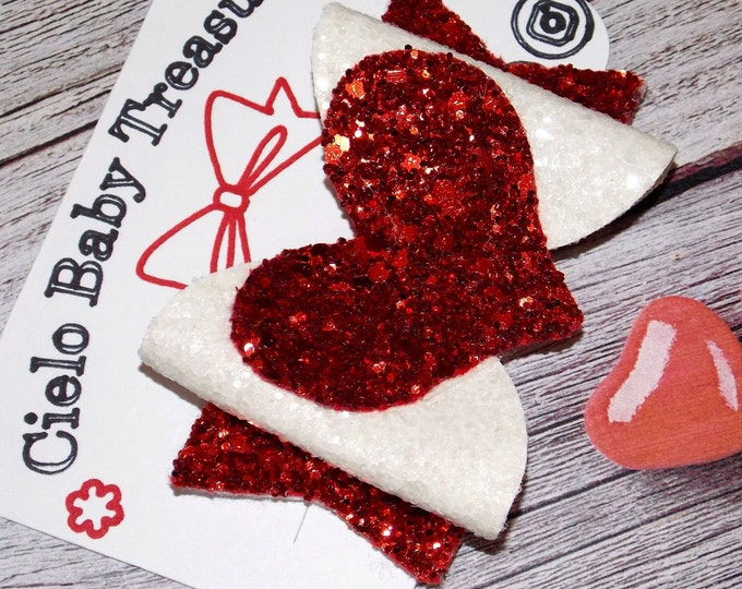 LOVE Hair Bow Red With Heart Glitter,Chunky Bow,Baby Bows Canvas,girl bow,Boutique Hair,Double Stacked Glitter,Christmas hair bow,Holiday