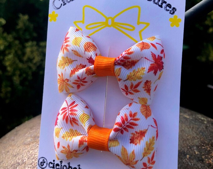 Fall Leaves Hair Bows: Pigtail Set, Pumpkin Ribbon - Handmade
