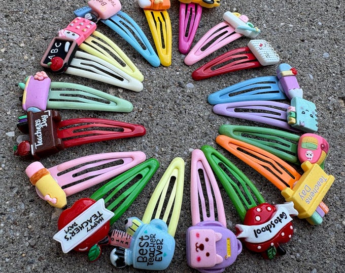 Back to School Hair Clips: Resin Pencil, Apple, Bus - Set of 2