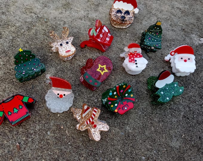 Set of 2 Small Plastic Hairpin Resin Clips-Glitter Christmas Hair Claw-Santa-Tree-Snowman-Gift-Women Girl-Party-Accessories-Acetate-Reindeer