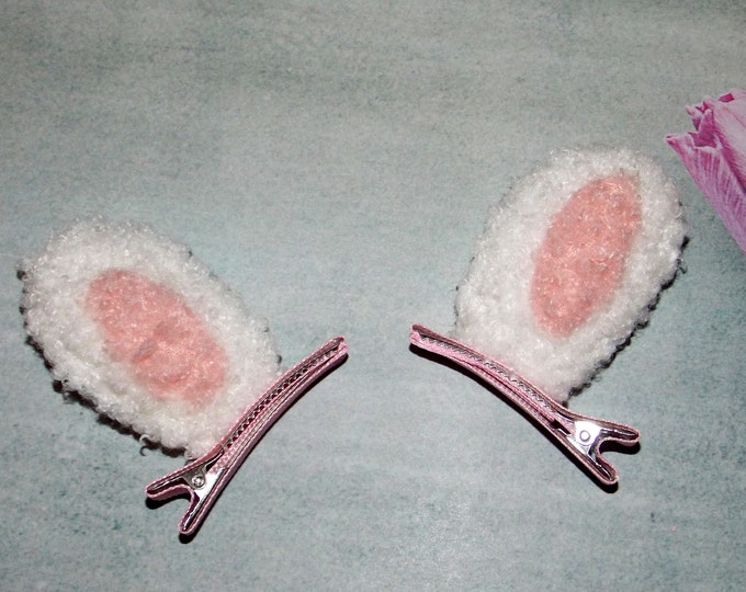 Set-(2) Small Furry Rabbit Ears with Bows-No Slip Hair Clips-Easter Bow-White Pink-Toddler Costume & Dress Up Accessories-Bunny Ears Clip