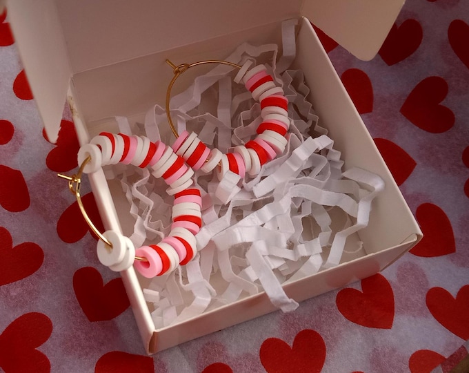 Valentine’s Day Earrings Heishi Beaded Hoop and Cute Box-Holiday-Love Earrings-Heart Stud Earrings-Gift for Her-Love Jewelry Gifts-