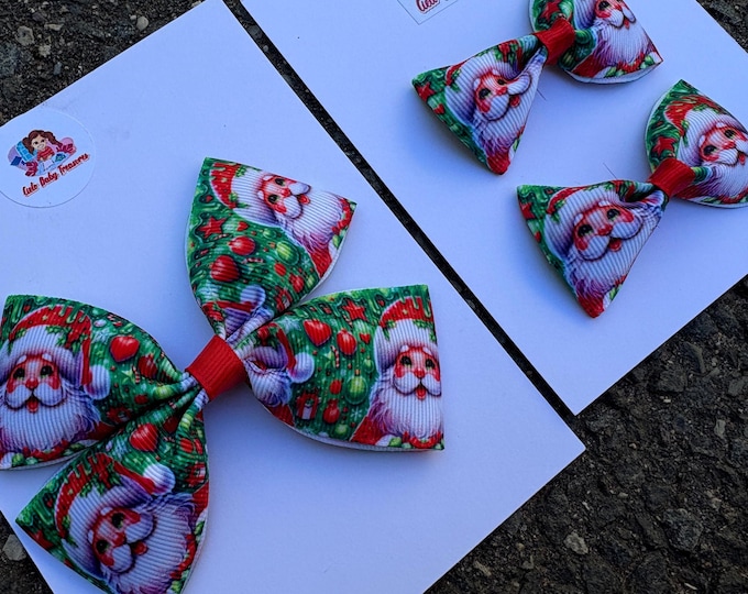 Santa Grosgrain Hair Bow -Red, White and Green  Christmas Holiday Bow for Girls