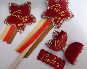 Personalized Birthday Baby Gilrs, Bow,Snap Clip,Wand and badge/Glitter Red Hair Bow for Baby Girls,Rose Gold Hair Bow,