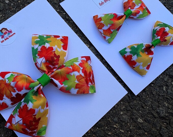 Autumn Bows-autumn Leaf Bow-green,yellow,brown,orange-Leaves Hair Bow: Thanksgiving Hair Clip