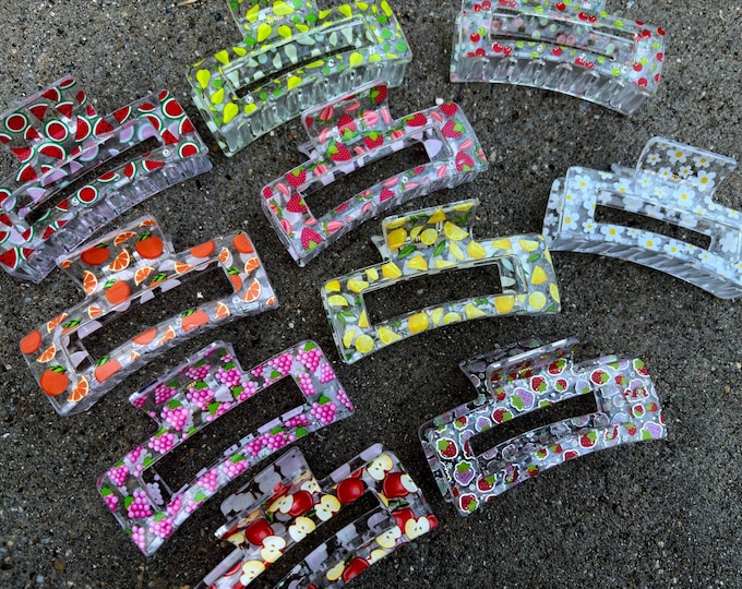 Clear Fruit and Daisy Flowers Hair Claw Clips: Acrylic Acetate Barrette - Summer Hair Accessories