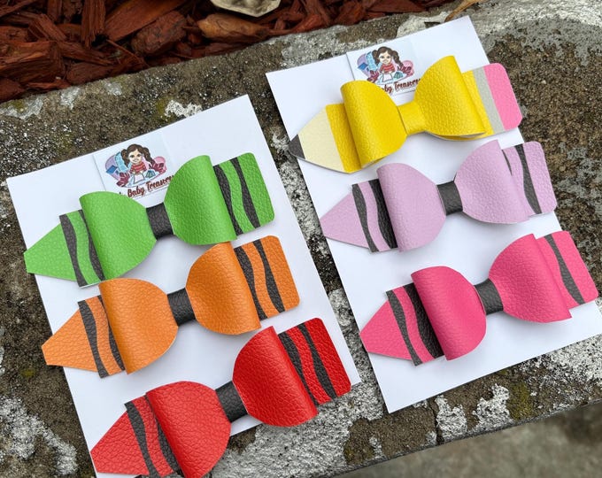 Big Pencil and Crayon Hair Bows-Fabric bow Girls Pencil Teachers Bow-My First Day Back to School-Big Pencil Pigtail Bow-Girl School Bow