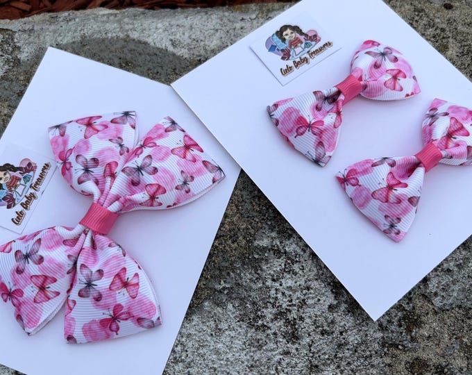 Butterfly Hair Bow: White & Pink, Nylon Headband or Clip