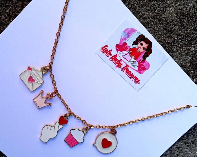 Charm Necklace: Gold Stainless Steel Chain with Love Letter, Crown, Hand, Cake