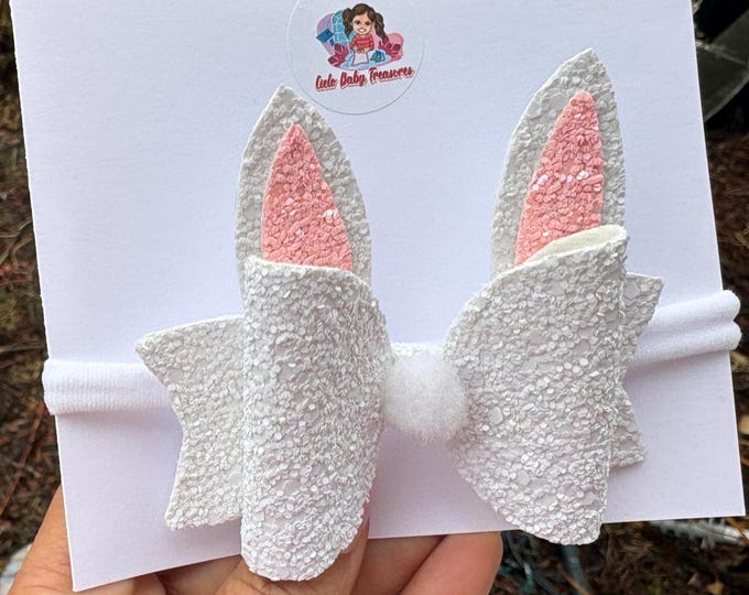 White Glitter Bunny Ear Bow, Easter Toddler Hair Accessory