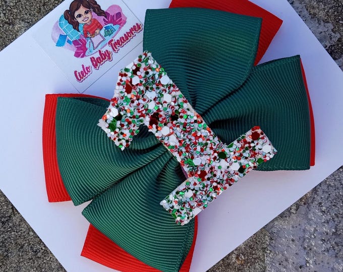 Christmas Custom Hair Bow-My First  First-Sprinkle birthday-Baby Girl Headband-Holly-Bow Red and Emerald Green-Gift Glitter-Holiday