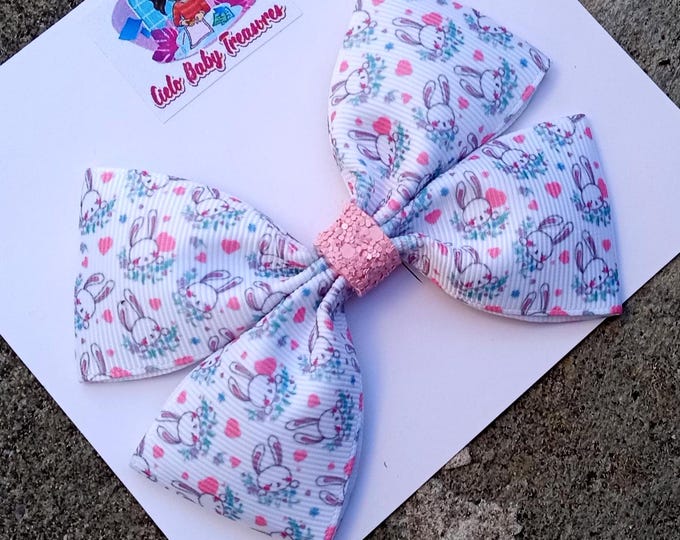 4 Inch White Bunny Hair Bow-Pink Easter Hair Bow For Toddlers-Bunny Grosgrain Ribbon-Party Girls Boutique Bow-Bow Easter Big-Summer-Birthday