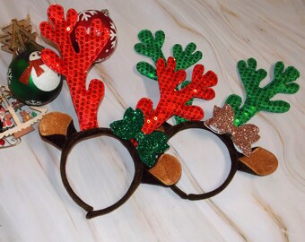 Christmas Antlers Red Sparkling Sequins Brown Reindeer Rainbow Party Headband