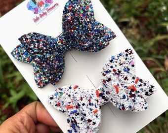 Glitter Elegant Hair Bow-Independence Day USA-July 4th Chunky Bow-Sprinkle Patriotic-Flag USABaby Girl-Star-Nylon Newborn Bow-Blue,Red,White