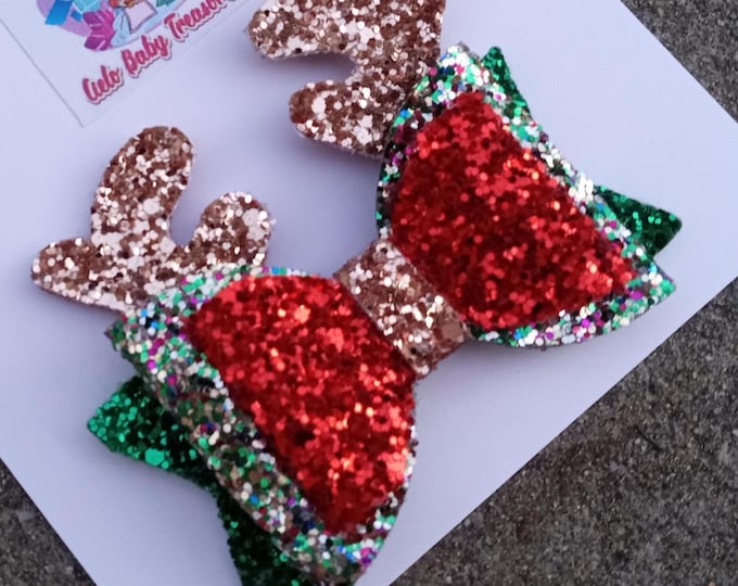 Reindeer headband-Glitter Hair Bow-Holiday Hair Clip-Santa Girls-Christmas Party Bow-Antler Pigtails-Double Stacked Red,GreenGold-horn