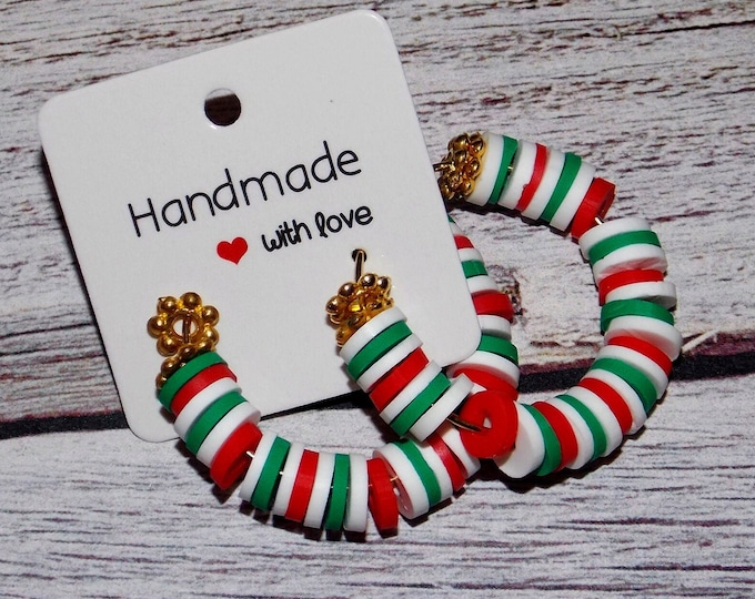 Christmas Earrings Heishi Bead and Cute Box-Holiday Earrings-Red,Green and White-Gift for Her Christmas-Jewelry Gifts-HOLLY JOLLY Present