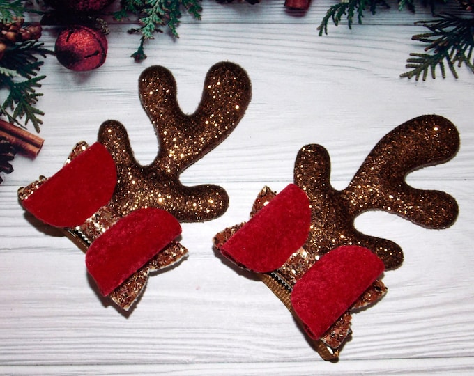 Reindeer Antler Pigtail Hair Bows: Chunky Glitter Christmas Clips - Set of 2