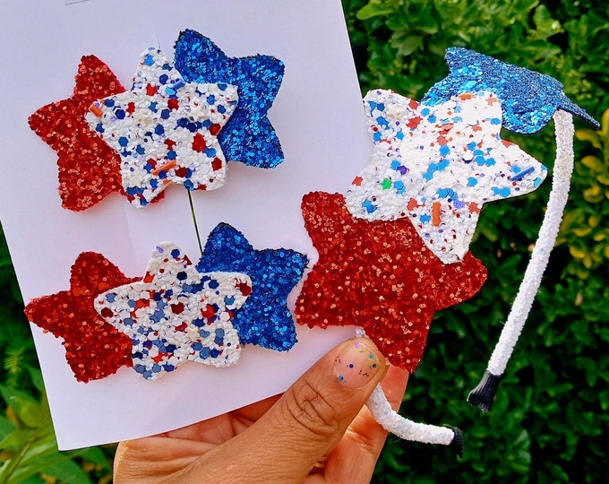 3 Stars Hair Clip Patriotic headband/Bow,White,Blue and Red/Independence Day USA Girls/4th of July/Hair Clip Holyday/Glitter Hair Bow/Gift