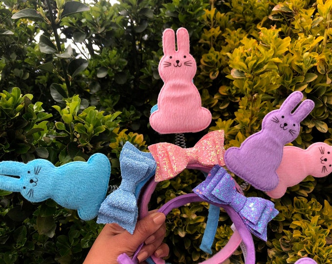 Handmade Bunny Ear Headbands, Pink Blue Purple Glitter Bows, Easter Hair Accessories