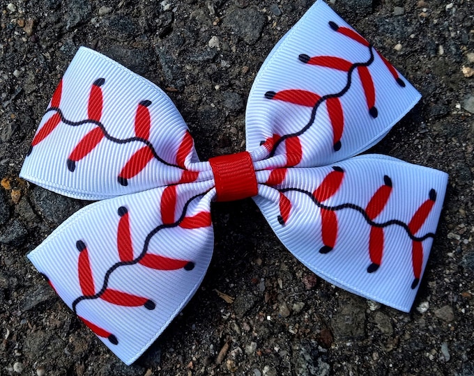 Baseball Bow Headband: Red & White Nylon Hair Bow