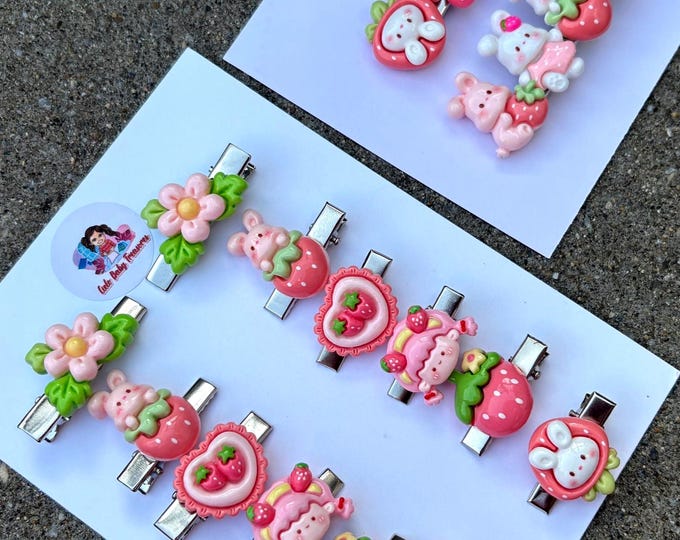Set of 2 Pink Small Strawberry and Rabbits Hair Clips– Resin Summer Fruit Hair Pins