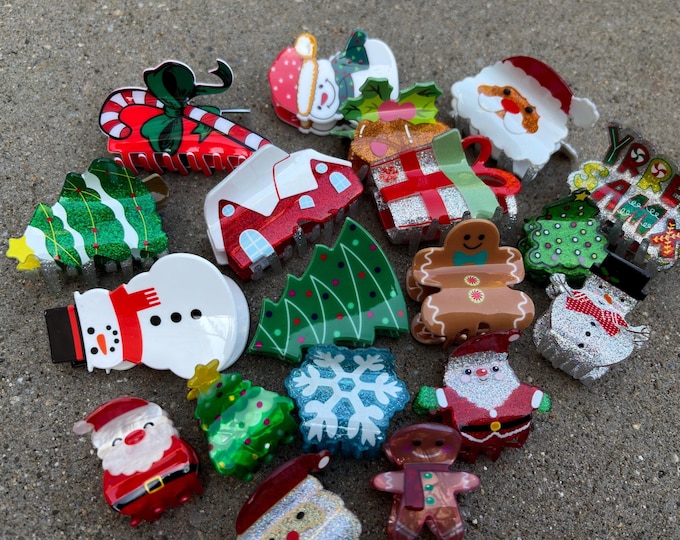 Christmas Hair Claw-Santa With Christmas Wrapping-Big Gingerbread-Snowman-Tree-Grinch-Hat-Women Girls-Clips-Winter-Party-Acetate-Text on Box