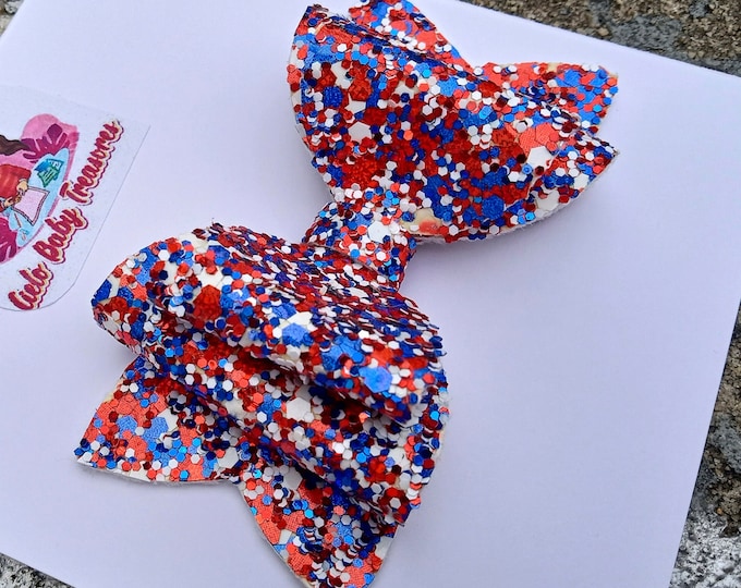 Red White Blue Glitter Hair Bow: 4th of July Faux Leather Bow Set