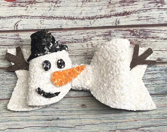 Snowman Small or Large Christmas Kids Hair Bow,Toddler Hair Bow,Glitter Hair Bows,White Bow,Holiday Bow,Extra Large Hair Bow,Winter Hair Bow