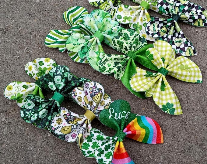 St Patrick’s Day Hair Bows-Rainbow-Pennants-Shamrock-Bow Outfit-Green Hat-Bow-Flowers-Fungus Green Bow-Dog lucky charm-Sassy little lassie