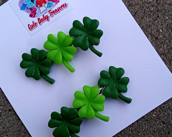Cute Hair Clips-Small or Large Shamrock Green Hair Clips-Patrick’s Day Hair Clips-Girl-Green Girl-Toddler Clips-Clay Plastic Clip-Resin Clip
