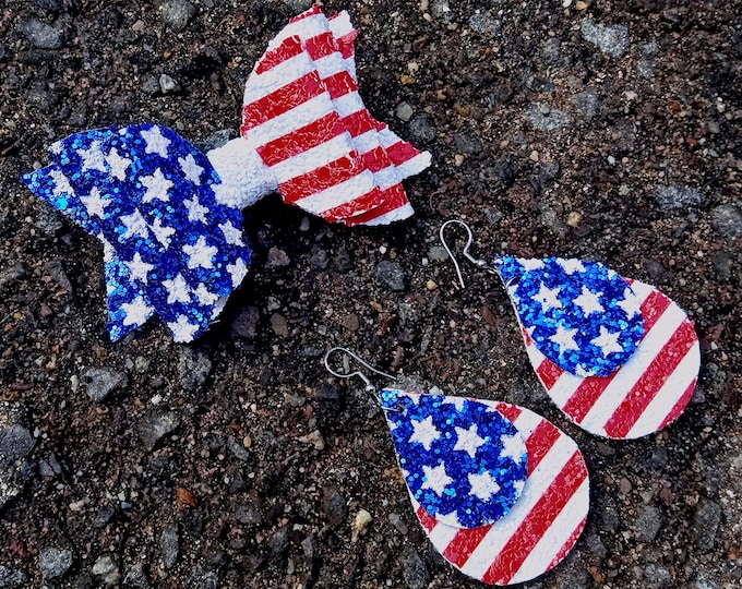 Glitter USA Flag Bow Earrings, Patriotic July 4th Baby Girl Accessory