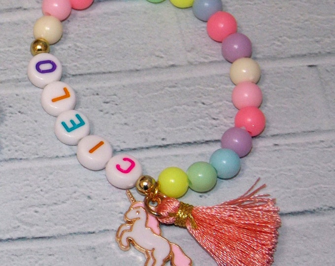 Custom Name Beaded Bracelet: Unicorn Charm, Rainbow Pastel Bracelet