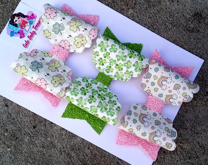 Pink and Green St Patrick’s Day Green Hair bow-Pinch Proof-Rainbow Shamrock Glitter Bow Outfit-Shaker Hair Bows-Flowers-Glitter-Fungus Bow