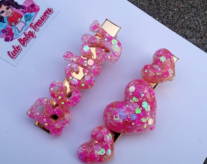 Personalized Pink Glitter Resin Hair Clip: Letter & Heart Barrette