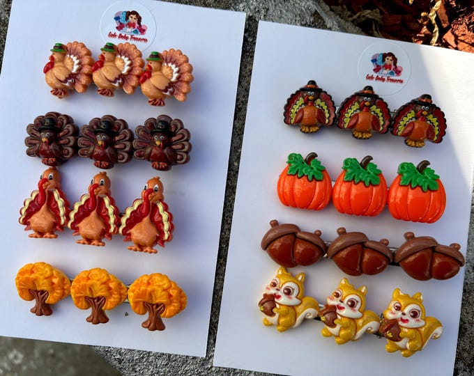 Set of 2 Autumn, Leaf falls, Pumpkin, Squirrel, Acorns, Thanksgiving Turkey Hair Clips, Fall