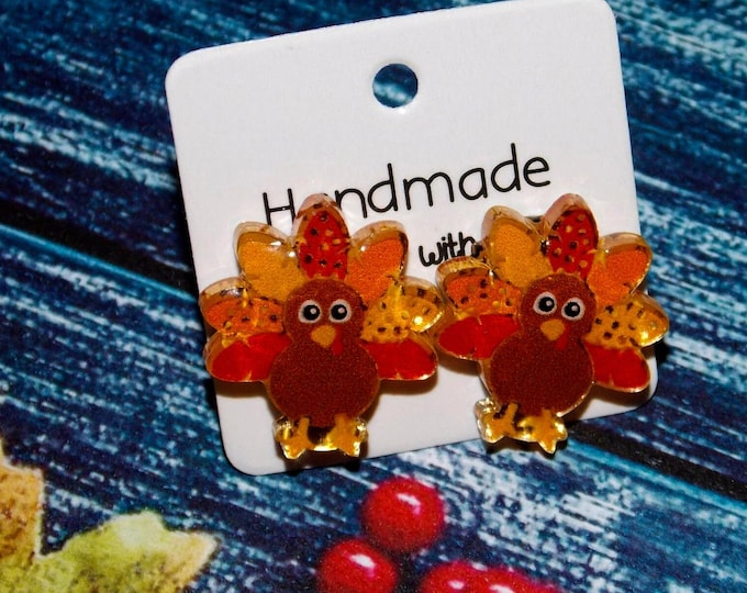 Small Turkey Earrings and Cute Box-Plastic Resin Turkey Earrings-Autumn Thanksgiving Turkey-Harvest Orange Fall Earrings-Fall Earrings-