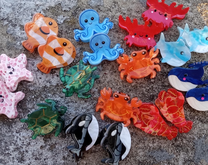 Set of 2 Ocean Hair Clips-Acetate-Clover Stud Acrylic claw-Gold-Hairpin-Hair Clip Plastic-Resin-Women-Barrette Inspired Dainty Sea Creature