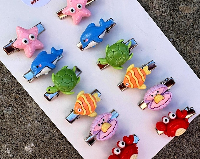 Ocean Resin Hair Clip Set: Dainty Sea Creature Resin Barrette- Red Crabs, Orange Crabs, Pink Seashells, Pink Octopuses, Blue Whales