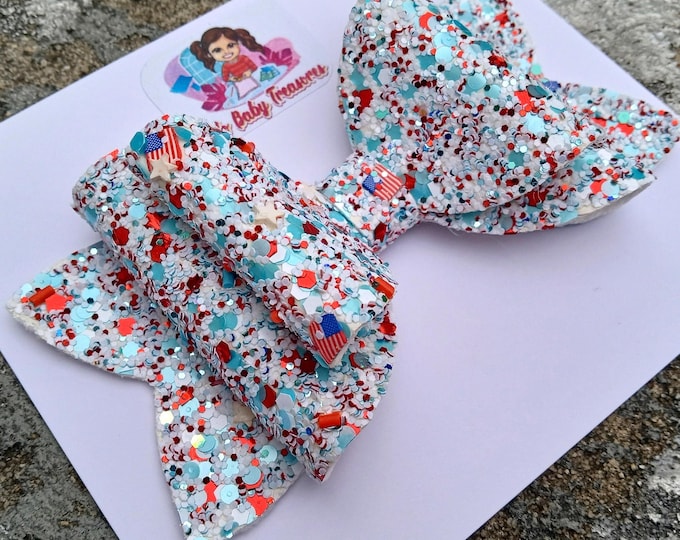 Patriotic Glitter Hair Bow, USA Flag Stars, July 4th Baby Girl Headband, Newborn Accessory