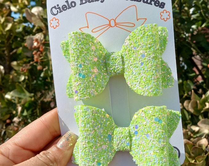 Set of 2 Handmade Green Glitter Hair Bows: Pigtail Clips
