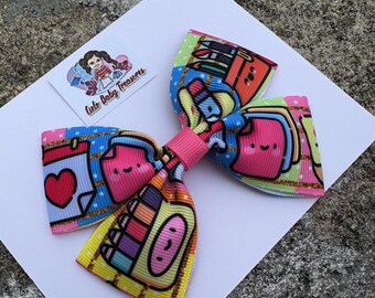 Hair Bows My First Day Back to School-Fabric bow Girls Pencil Teachers Bow-Big Pencil Pigtail Bow-Girl School Bow-Big Pencil and Crayon