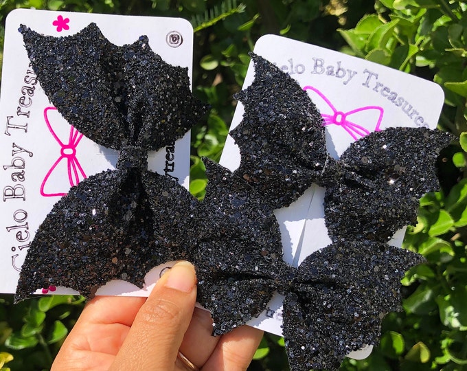Small or Big Black Glitter Bat Hair Bow: Halloween Pigtail Bow - Faux Leather
