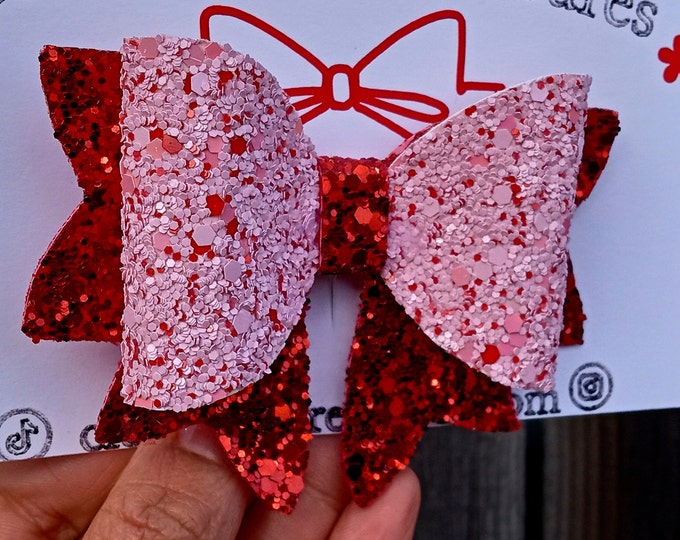 Classic Hair Bow Pink & Red-Valentine's Day Hair Bow-Love Toddlers Girls-Canvas Bow-Double Stacked Glitter Bow-Pigtail-Birthday Baby Girl