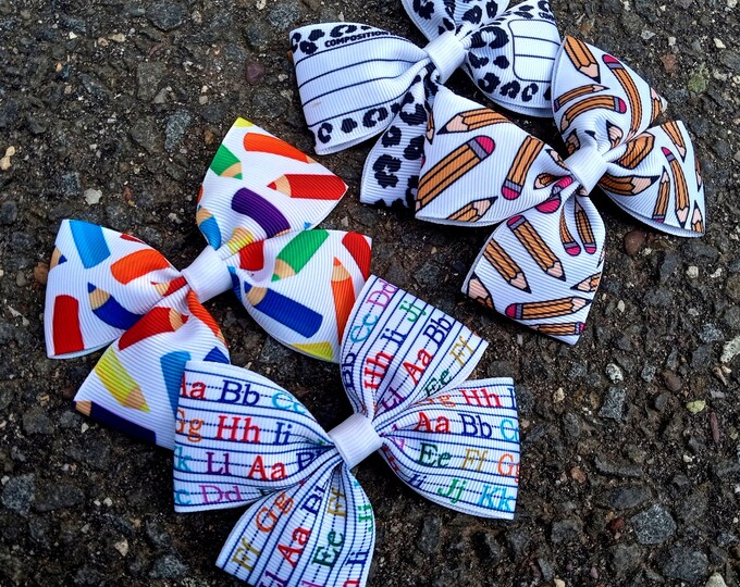 Alphabet-Crayons-Colors pencil-Pencils-Notebook Hair Bows-Bows Back to School-First Day of School Hair Bows-Kindergarten Bows-Preschool Bows